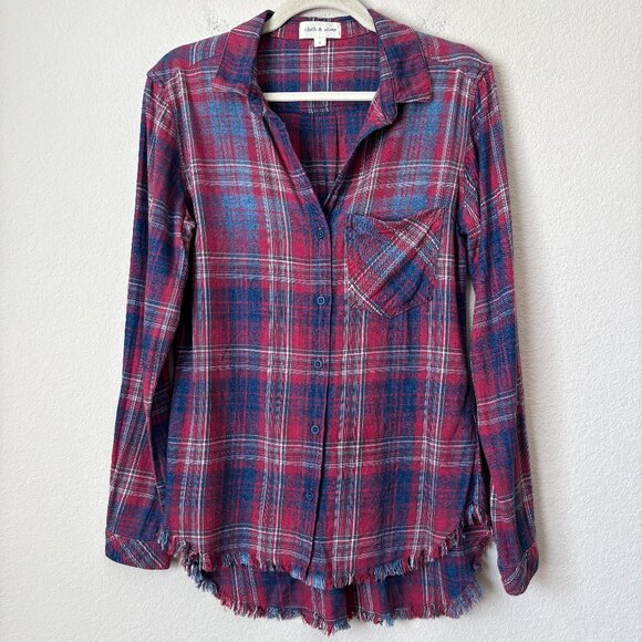 Cloth & Stone Boho Plaid Fringe Trim High Low Button Up Shirt - Picture 1 of 12